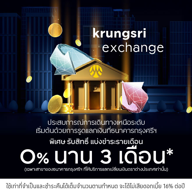 รูดแลกเงินที่ธนาคารกรุงศรีฯ ผ่อน 0% นาน 3 เดือน*