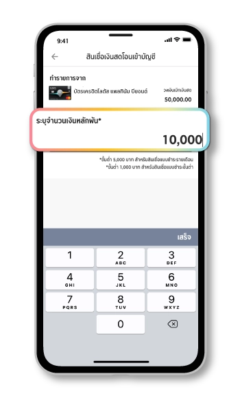 2.ระบุจำนวนเงินไม่เกินยอดวงเงินคงเหลือที่สามารถขอสินเชื่อเงินสดได้
