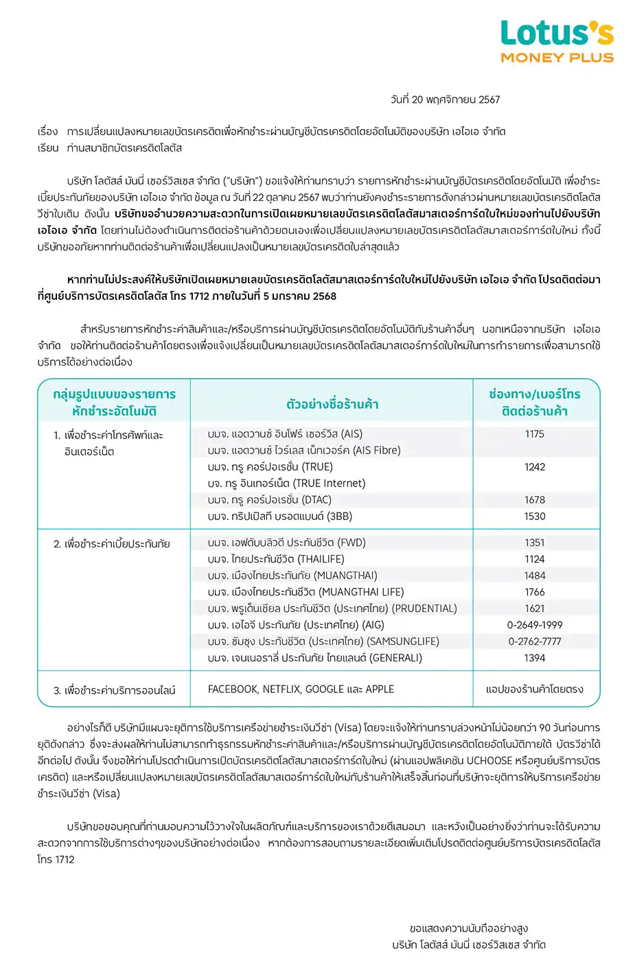 การเปลี่ยนแปลงหมายเลขบัตรเครดิตเพื่อหักชำระผ่านบัญชีบัตรเครดิตโดยอัตโนมัติของบริษัท เอไอเอ จำกัด
