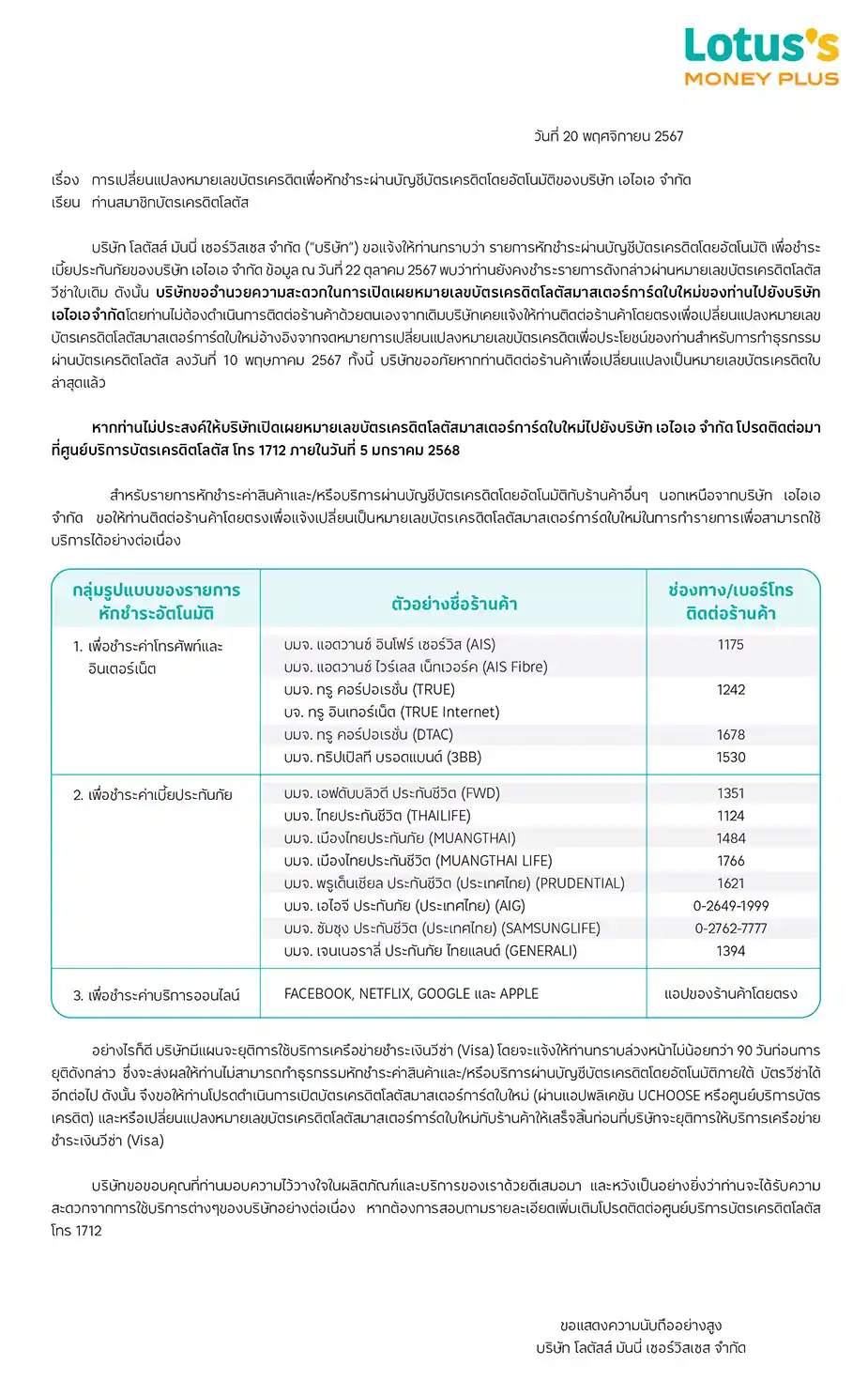 การเปลี่ยนแปลงหมายเลขบัตรเครดิตเพื่อหักชำระผ่านบัญชีบัตรเครดิตโดยอัตโนมัติของบริษัท เอไอเอ จำกัด